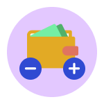 Yellow wallet with dollar cash inside and plus minus icons